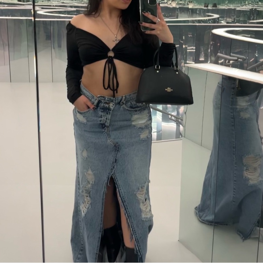 Distressed Denim Maxi Skirt